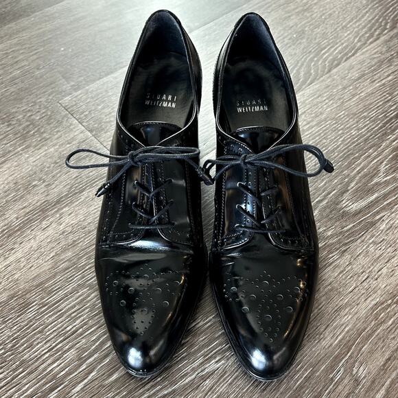EUC Stuart Weitzman Thomas Black Patent Leather Oxford Heels 8 M Lace Up Brogue - Picture 5 of 16